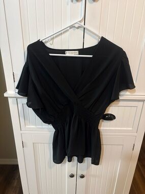 Jon & Anna Black Smocked Peplum Flutter Sleeve Blouse XL Coquette Cottagecore